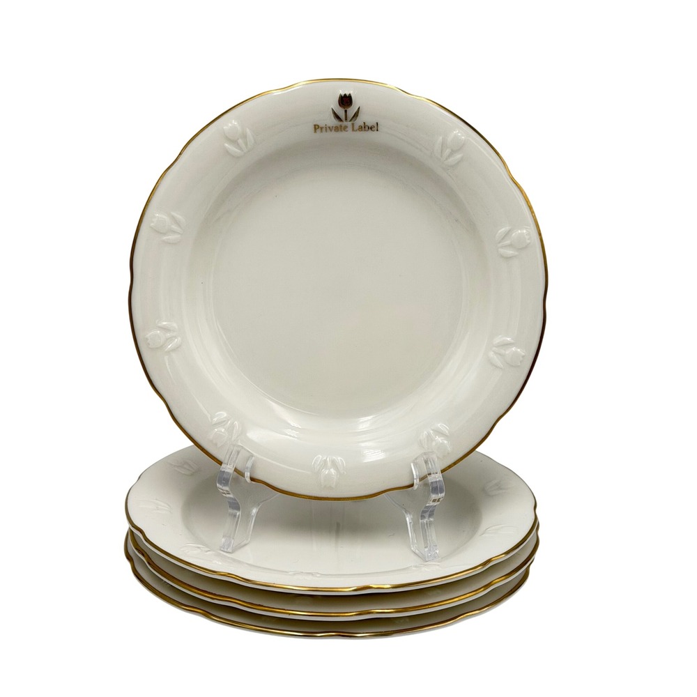 Private Label Ivory Gold Trim Bread Butter Plates Embossed Floral 6.25" Set of 4